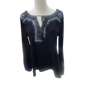 White House Black Market High/Low Embroidered Black Blouse Sz 4